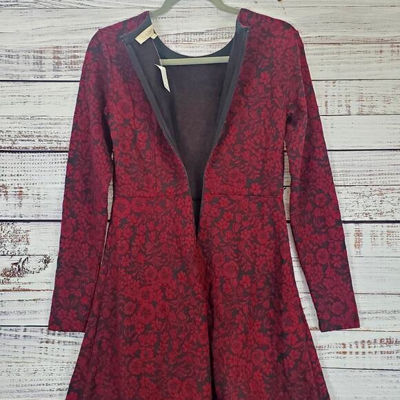 LOFT Red Black Floral Embossed Whimsigoth Midi Dress Size XS Fit & Flare NWT - Picture 7 of 11